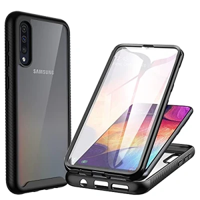 Abbildung von CENHUFO für Samsung Galaxy A70 Hülle, 360 Grad Schutzhülle Stoßfest Panzerhülle mit Eingebautem Displayschutz Robust Bumper Full Cover Case Durchsichtig Handyhülle Schwarz