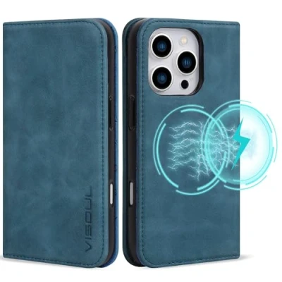 Abbildung von VS VISOUL Hülle für iPhone 16 Pro,Schutzhülle Echt Leder Schützt vor Stoß Kartenfach Magnetverschluss Stand klappbar handyhülle Handytasche Etui Case Pro Blau A