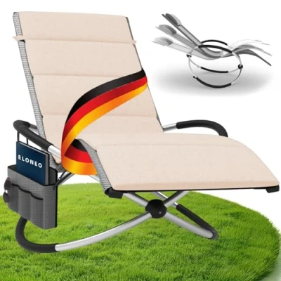 Abbildung von ELONEO Schaukelliege Outdoor mit Tasche und Auflage, Relaxliege bis 180 kg Belastbarkeit, Schaukelsessel Outdoor, Liegestuhl wetterfest, Sonnenliege für Garten Balkon, graukariert/Creme