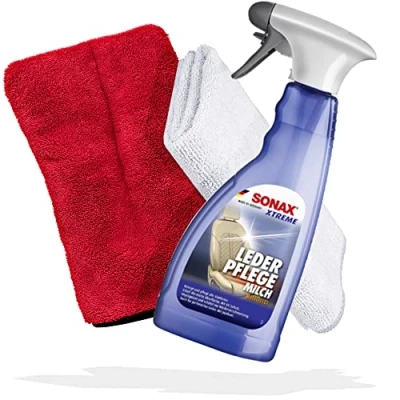 Abbildung von detailmate Innenraum Leder Reinigungs Bundle SONAX Pflege Milch, Innenraumreiniger für Autositze Premium Mikrofasertuch 320 GSM, 40x40 cm Waschhandschuh 1000 GSM