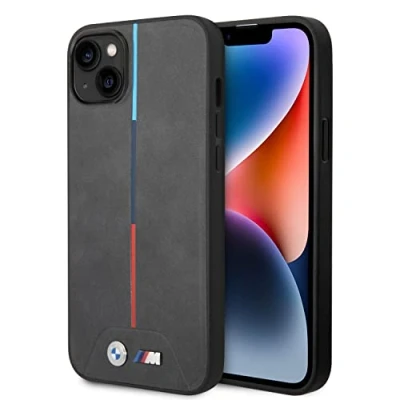Abbildung von CG MOBILE BMW Handyhülle für iPhone 14 Plus, gesteppt mit mittelgroßen Tricolor Linien, PU Leder, M Kollektion, glatte Schutzhülle einfachem Schnappverschluss, Stoßdämpfung und Signatur Logo
