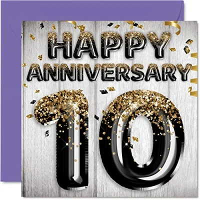 Abbildung von Tolle Jubiläumskarte aus Blech für Ehemann Freund Ehefrau Freundin Schwarz Gold Glitzer Luftballons Happy 10th Anniversary Cards from Family 145 mm x Grußkarten zehnte Jubiläen