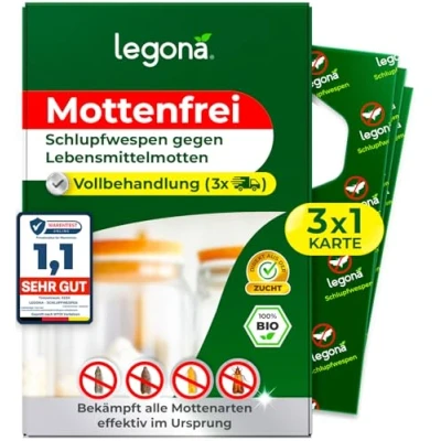 Abbildung von Legona® Schlupfwespen gegen Lebensmittelmotten 1 Karte à 3 Lieferungen Effektive Bekämpfung von Lebensmittel Motten Alternativer Mottenschutz zu Mottenfalle Lebensmittel, Mottenspray