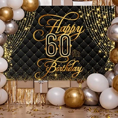 Abbildung von Happy 60th Birthday Banner Backdrop Royal Curtain Decorations Black Gold Hintergrund 60 Years Old Bday for Women Men Photography Party Decor Supplies