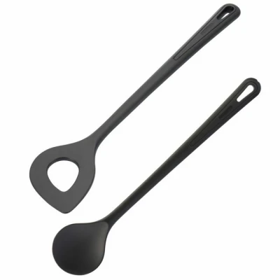 Abbildung von Westmark Spitzlochlöffel + Rühr /Kochlöffel Set, 2tlg., Hochhitzebeständig bis 270 C, Kunststoff, Gentle Plus, Schwarz, 288722E9