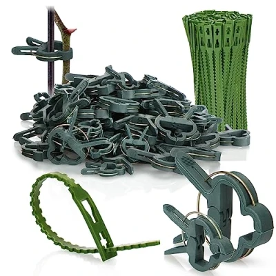 Abbildung von com four® 150 teiliges Pflanzenklemmen Set Pflanzenbinder Rosenklammern Rankkäfige für Tomaten grüne Planenklammern Clip Planen Rankhilfen (150 Stück Mix)