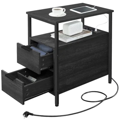Abbildung von VASAGLE Beistelltisch, 2er Set, Nachttisch mit Steckdosenleiste, 2 Schubladen, Sofatisch, Nachtschrank für Wohnzimmer, Schlafzimmer, anthrazitgrau klassikschwarz LCT648B22