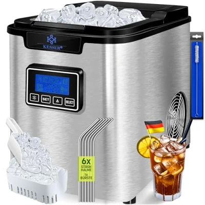 Abbildung von KESSER® Eiswürfelbereiter Eiswürfelmaschine Edelstahl 150W Ice Maker 12 kg 24 h 3 Würfelgrößen Zubereitung in 7 min 2,2 Liter Wassertank Timer LCD Display Inkl. Zubehör, Silber