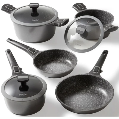Abbildung von STONELINE Topf Set &quot;Imagination PLUS&quot;, Aluminiumguss, (Set, 8 tlg., Bratentopf 24 cm, Kochtopf 20 Stieltopf 18 Bratpfanne 20/24 cm), abnahmbare Griffe, Induktion