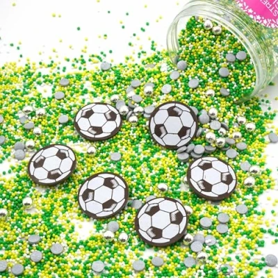 Abbildung von Streusel Glück Fussball grün silber gelb weiss 180g Zuckerstreusel Sprinkles Tortendeko Geburtstag Kindergeburtstag Verzierung von Plätzchen Torte Kuchen Cupcakes Muffins