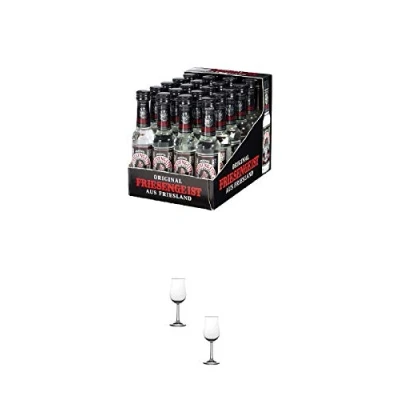 Abbildung von Friesengeist Miniaturen 24 x 0,04 Liter + Nosing Gläser Kelchglas Bugatti mit Eichstrich 2cl und 4cl 2 Stück