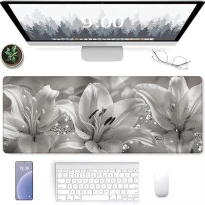 Abbildung von XXL Speed Gaming Mauspad Weltkarte 800 x 400mm Mousepad Tischunterlage Large Size Multifunktionales Anti Rutsch schreibtischunterlage verbessert Präzision und Geschwindigkeit Weiß Blume