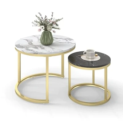 Abbildung von hitsuki Couchtisch Rund 2er Set, Marmor Gold Metallgestell Wohnzimmertisch Weiß und Schwarz, Satztische fürs Wohnzimmer, Schlafzimmer, Balkon (Weiß + Schwarz &amp; Gold)