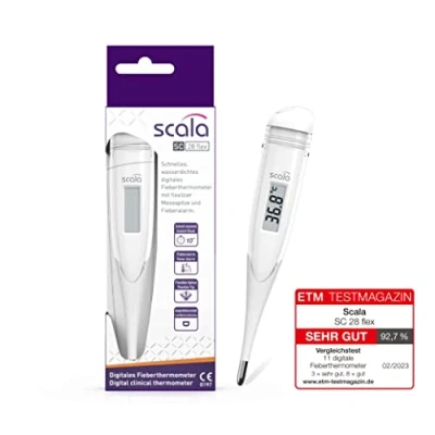 Abbildung von scala SC 28 flex weiß 10 Sekunden Messzeit, digitales Fiberthermometer mit flexibler Messspitze, wasserdicht Fieberalarm