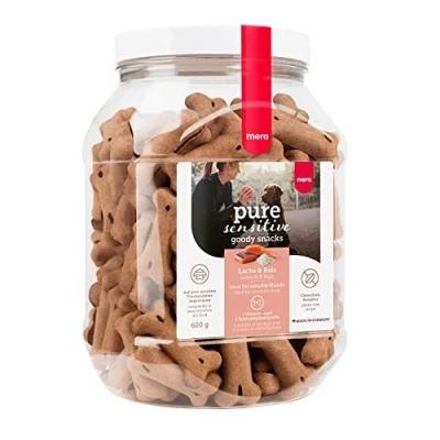 Abbildung von MERA pure sensitive Goody Snack, gesunde Leckerlis für sensible Hunde, Hundeleckerli aus Lachs und Reis, Hundesnack glutenfrei zum Training (600 g)