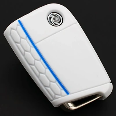 Abbildung von Finest Folia Schlüssel Hülle VB für 3 Tasten Auto Silikon Cover Schlüsselhülle Etui Schutzhülle (Weiß Blau)