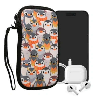 Abbildung von kwmobile Handytasche für Smartphones M 5,5&quot; Neopren Handy Tasche Hülle Cover Case Schutzhülle Pinguine Grau Gelb Braun 15,2 x 8,3 cm Innenmaße