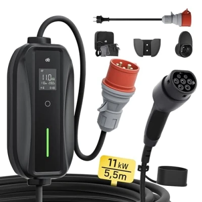 Abbildung von dé Mobile Wallbox/Ladestation 11kW [3 phasig5,5m6 16A] mit Einstellbarer Ladeleistung, Ladekabel CEE 16A auf Typ 2 und EV Ladegerät für Model Y/3, ID.3/4/5, MG4, EX30, e up, tron andere