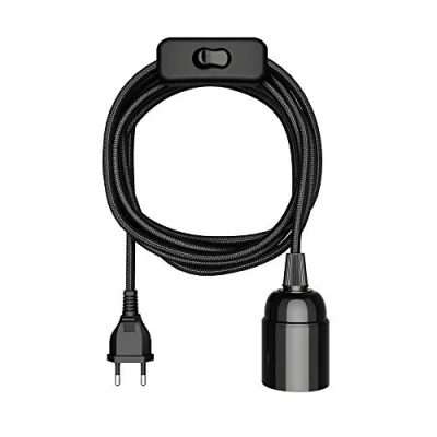 Abbildung von ledscom.de Textilkabel LEHA, Stecker, Schalter, schwarz, 3 m, Lampen Fassung, 1x E27 max. 60W, Led, Diy, Lampenfassung, E27, Textilkabel, Haengelampe, Netzstecker, Gluehlampe, Textil