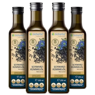 Abbildung von 4 Stk. Schwarzkümmelöl (Black Seed Oil) Bio Kaltgepresst 250 ml Zertifiziert Ungefiltert Für Küche &amp; Pflege von BIOHERBA PZN 17188195