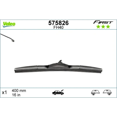 Abbildung von Scheibenwischer Valeo First Hybrid 575826 400mm Hybridwischblatt Hakenbefestigung HYUNDAI: ix35, i10 II Schrägheck, i20 Schrägheck