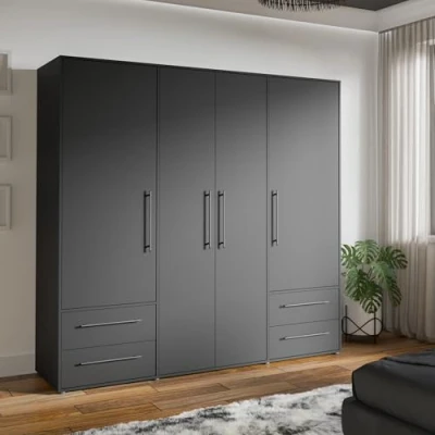 Abbildung von FORTE Drehtürenschrank Mokkaris, OTTOs Choice, TOPSELLER! 3 oder 4 Türen, zeitloses Design (BHT ca. 145x200x59cm BHT 206x200x59cm) Schubladen + schwarze Stangengriffe, Made in Europe, viel Stauraum
