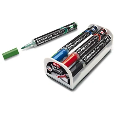 Abbildung von Pentel MWL5SBF 4N Maxiflo Flexfeel Whiteboardmarker mit flexibler Spitze, 4er Set Magnet und Wischer, schwarz/rot/blau/grün