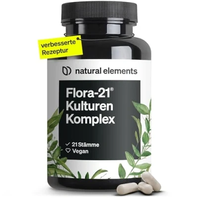 Abbildung von Flora 21® Kulturen Komplex 21 Bakterienstämme + Bio Inulin 180 magensaftresistente Kapseln Laborgeprüft, vegan, hochdosiert und in Deutschland produziert St