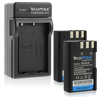 Abbildung von 2X Blumax Akku für Nikon EN EL9 / EL9e EL9a 1000mAh + Ladegerät ELa kompatibel mit D40 D40X D60 D3000 D5000