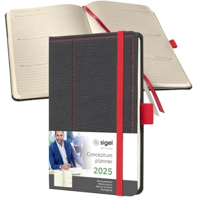 Abbildung von SIGEL C2556 Terminplaner Wochenkalender 2025, Lederoptik, ca. A6, dunkelgrau/rot, Hardcover, 176 Seiten, Gummiband, Stiftschlaufe, Archivtasche, aus nachhaltigem Papier, Conceptum