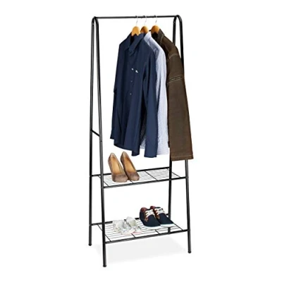 Abbildung von Relaxdays Kleiderständer SANDRA mit 2 Ablagen, Metall, Garderobenständer, Kleiderstange, HBT: 160 x 61,5 38 cm, schwarz