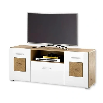 Abbildung von Stella Trading TV Lowboard in Weiß, Artisan Eiche Optik mit Hirnholz Applikationen Moderner Schrank viel Stauraum für Ihr Wohnzimmer 140 x 58 38 cm (B/H/T)