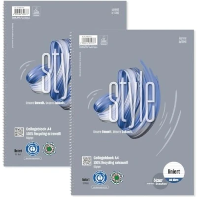 Abbildung von Staufen Ursus Style Collegeblock, DIN A4, 9 mm liniert, 2 Blöcke je 80 Blatt, 4 fach Lochung, 60 g/m² Recyclingpapier, Green