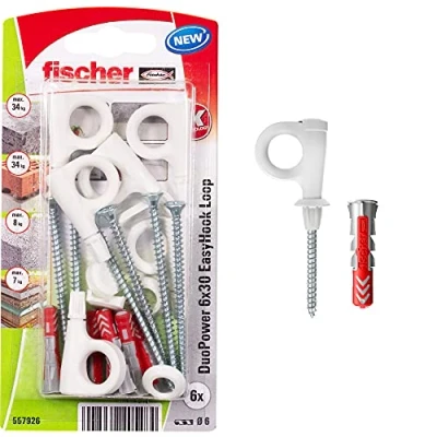 Abbildung von fischer EasyHook Loop K (6), Set aus 6 Ösenhaken Schrauben und DuoPower x 30 Dübeln, Spanplattenschrauben mit Haken, flexible Schraubhaken zur Montage in zahlreichen Baustoffen