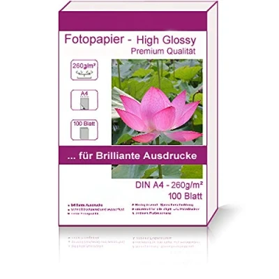 Abbildung von 100 Blatt DIN A4 210x297 mm 260g/m² Fotopapier Hglossy wasserfest Photopapier hochglänzend high glossy photopaper photo paper glänzend 260g / m² 260g/qm 210 x 297 21 29,7 cm