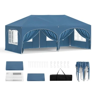 Abbildung von WOLTU Pavillon, Faltpavillon 3x6 m, mit 6 Seitenwänden, Partyzelt wasserabweisend UV Schutz 50+, höhenverstellbarer Gartenpavillon, Tragetasche, für Outdoor Garten Camping Blau