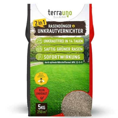 Abbildung von TerraUno Rasendünger mit Unkrautvernichter extra stark, 100 Tage Langzeitwirkung, 5 kg für 250 m², gegen Löwenzahn, Klee uvm., Rasenunkrautvernichter Dünger saftiges Grün im Frühjahr &amp; Sommer