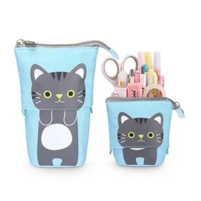Abbildung von Xespis Federmäppchen Reißverschluss, Teleskopisch Mäppchen, 2 in 1 Standmäppchen, Federtasche Mädchen, Schüttelpenal Teenager, für Junge Mädchen Geschenke 7 8 9 10 11 12 Jahre(Grau Katze)