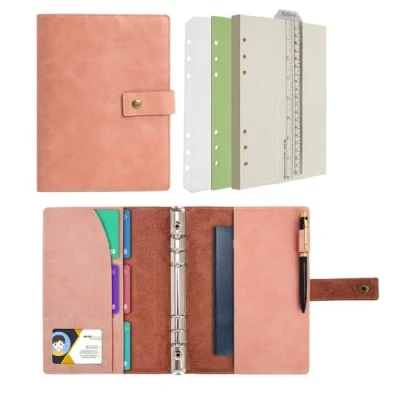 Abbildung von Wonderpool Leder Nachfüllbares Notizbuch Ringbuch A5 Tagebuch Gepunktetes Papier &amp; Echtleder Innentaschen für Reisearbeit und Organizer (Rosa, A5)