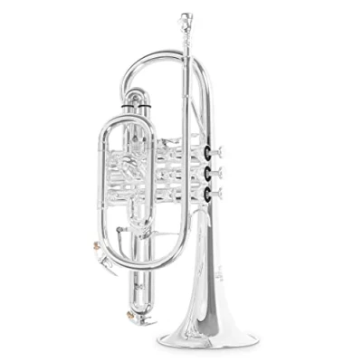 Abbildung von Roy Benson Bb Kornett CR 302S (professionelles mit ML Bohrung, 119mm Messing Schallstück, Goldmessing Mundrohr, Neusilber Außenzüge und Edelstahl Ventilen), versilbert