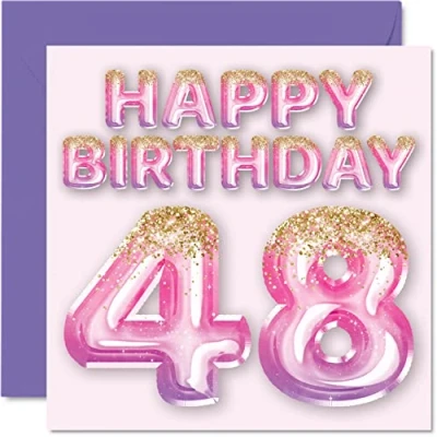 Abbildung von Stuff4 Geburtstagskarte zum 48. Geburtstag für Frauen rosa und lila Glitzerballons Happy Karten 48 Jahre alte Frau Mama Cousin Freund Schwester Tante 145 mm vierzig achtig Grußkarten Geschenk