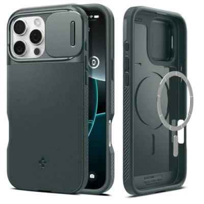 Abbildung von Spigen Optik Armor MagFit Hülle für iPhone 16 Pro Max, Kompatibel mit MagSafe Zubehör Abyss Green