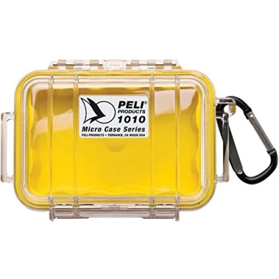 Abbildung von Peli 1010 Kleiner Schutzbehälter Micro Case für Sensible Utensilien, IP67 Zertifiziert, 0,3L Volumen, Transparent/Gelbe Grummieinlage