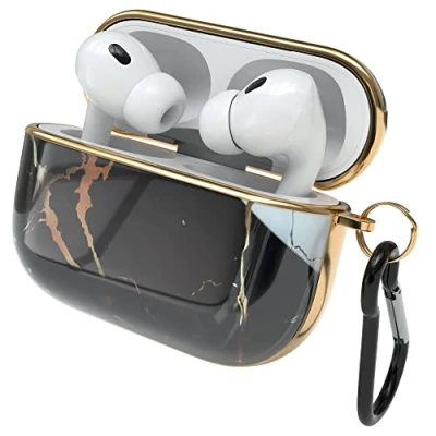 Abbildung von EAZY Case Schutzhülle für AirPods Pro 2 Hülle Schwarz Hard Stoßfest mit Karabiner geeignet als Schlüsselanhänger Antikratz Etui rutschfest Hardcase Airpod 2. Generation Marmor
