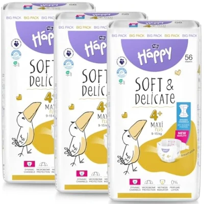 Abbildung von bella baby Happy Windeln Größe 4+ Maxi Plus 9 15 kg 168 Stück, DERMATEST &amp; OEKO TEX Siegel, Babywindeln Einweg
