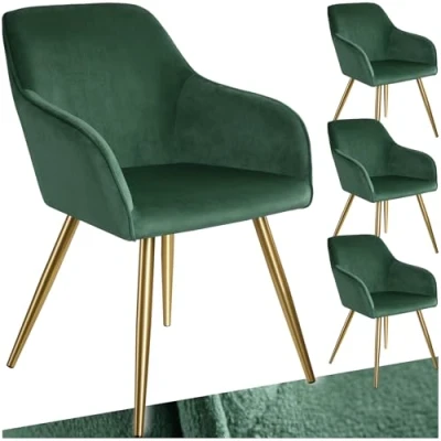 Abbildung von tectake®4er Set Esszimmerstuhl, Sessel bequem mit Armlehne, Polsterstuhl, Samtstoff Cocktailsessel, Loungesessel für Wohnzimmer, Esszimmer, Moderne Küchenstühle, Bürostuhl dunkelgrün/Gold