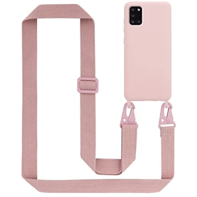 Abbildung von Cadorabo Handykette kompatibel mit Samsung Galaxy A31 Schutzhülle TPU Liquid Silikon Case Necklace verstellbarem Band Kordel Etui Rundumschutz Hülle für in Rosa
