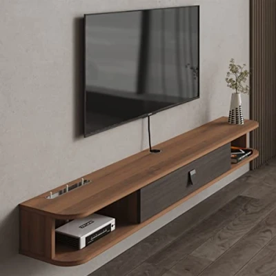 Abbildung von Pmnianhua schwebende TV Einheit, wandmontierter Schrank, Regale mit Tür, moderne Unterhaltungs Medienkonsole, großer Stauraum, Bank für Wohnzimmer und Büro (140 cm, Dunkelbraun)