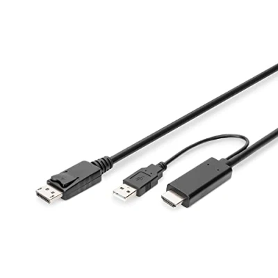 Abbildung von DIGITUS aktives HDMI Adapterkabel zu Displayport 2m UHD 4k30Hz 1.4 DP 1.2 externe Stromquelle USB A Plug &amp; Play Schwarz