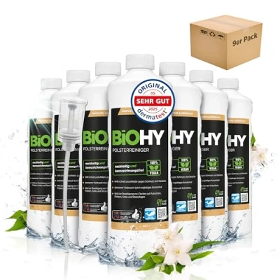 Abbildung von BiOHY Spezial Polsterreiniger (9 x 1 Liter) + Dosierer Konzentrat für Sofas, Polstermöbel, Teppiche &amp; Textilien Nasssauger Waschsauger Fleckentferner effektiver Textilerfrischer